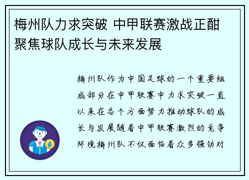 梅州队力求突破 中甲联赛激战正酣 聚焦球队成长与未来发展
