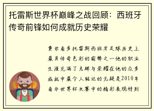 托雷斯世界杯巅峰之战回顾：西班牙传奇前锋如何成就历史荣耀